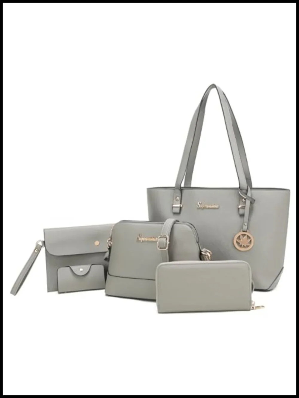 Synthetic Leather Shoulder Tote Bag Satchel Set 5pcs